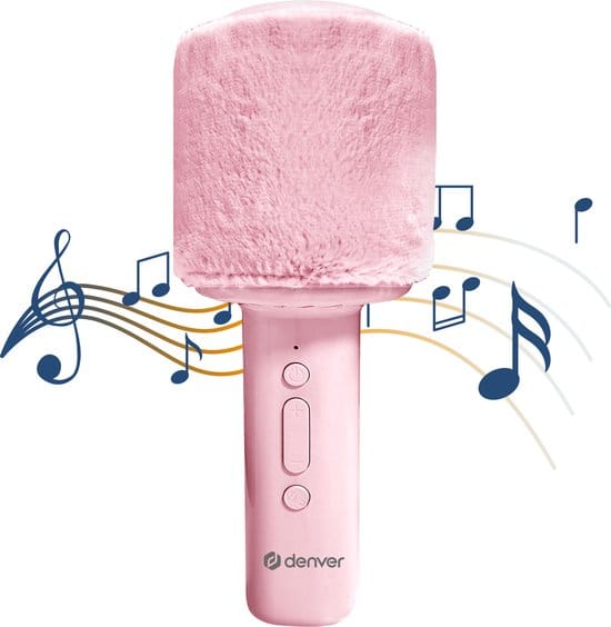 Denver Karaoke Microfoon Bluetooth – Draadloos – Speaker met Fluffy Afwerking – Karaoke Set – AUX - MicroSD – KMS30RO