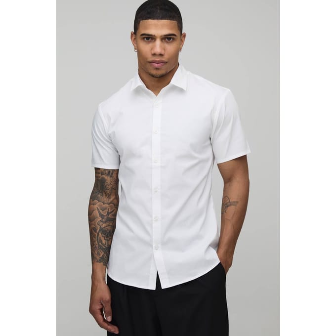 Slim Fit Korte Mouw Katoenen Overhemd | White | Size Medium
