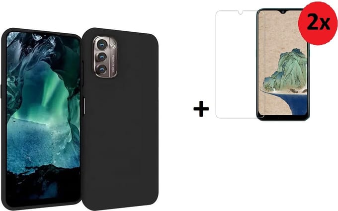 Geschikt voor Nokia G22 Hoesje - Siliconen - Nokia G22 Screenprotector - Hoesje Zwart Case + 2x Screenprotector