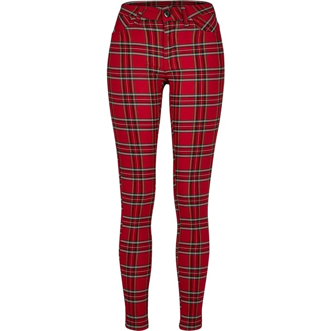 Urban Classics - Tartan Skinny jeans - Taille, 33 inch - Rood/Zwart