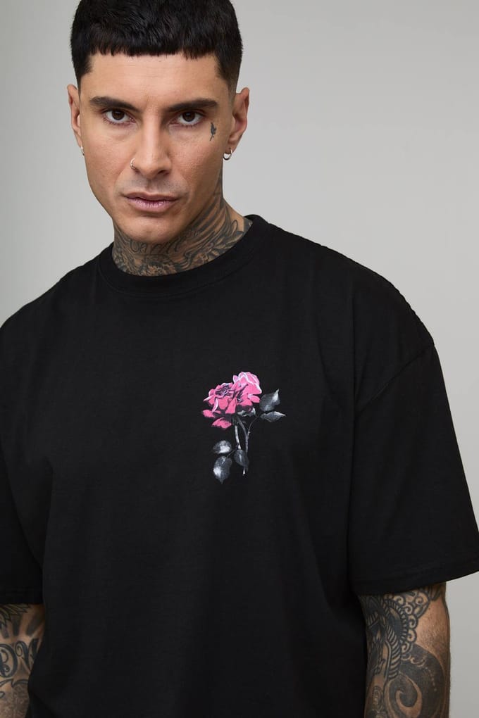 Lange oversized rozenprint officiële t-shirt | Black | Size Medium