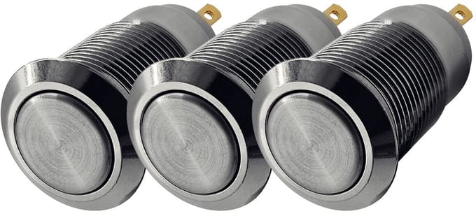 ProRide Mini Drukschakelaar ON-OFF - 12mm Metaal - 12V/24V - Platte Knop - Zilver - 3 stuks