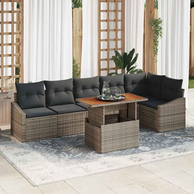 vidaXL Tuin Eettafel Set met kussen 7 pcs Grijs en Bruin