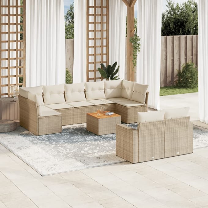 vidaXL - 10-delige - Loungeset - met - kussens - poly - rattan - beige