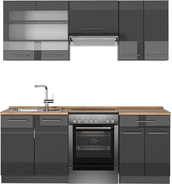 Vicco Fame-Line Complete keukeneenheid – 200 cm, WB Eik Antraciet Hoogglans