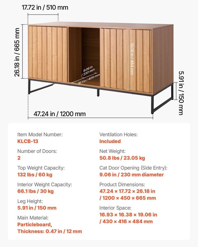 Kattenbakombouw Meubel, 120 cm Verborgen Kattenbak Kast met Krabplank & Opbergruimte, Waterdichte Kattenwasruimte Bijzettafel Kattenhuis, Past op de Meeste