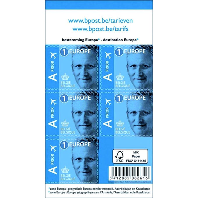 BPost postzegel tarief 1 Europa, Koning Filip, blister van 50 stuks, proir