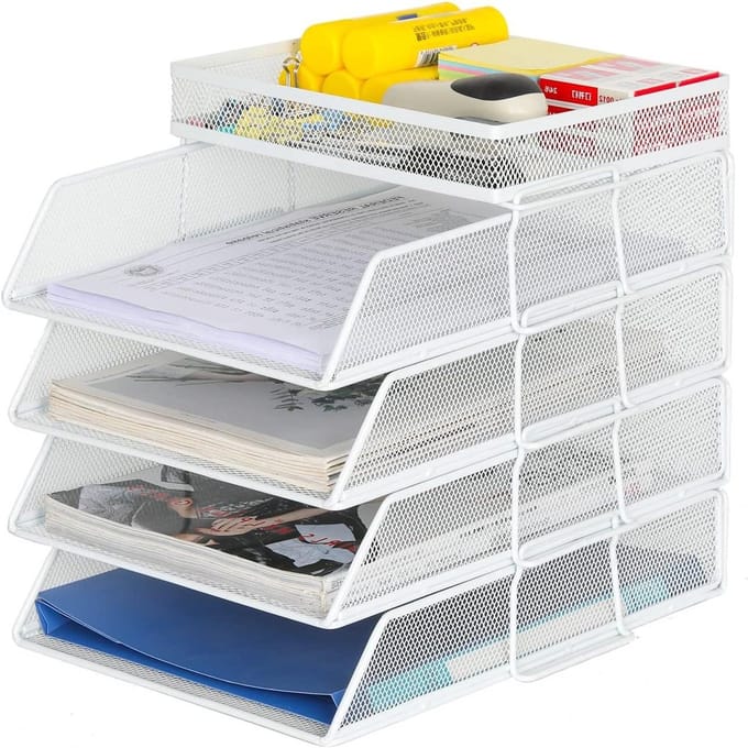 4-laags stapelbare bureau-organizer voor documenten en tijdschriften - wit - bureauaccessoires - opbergoplossing - A4-formaat