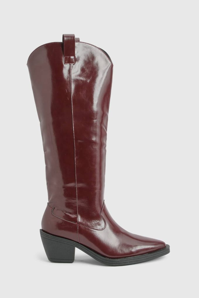 boohoo Dames Western Cowboy Mid Heel Stiefels | Bordeaux Rood | Maat: 38