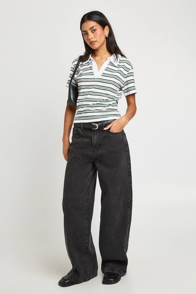 boohoo Dames Gestreepte Open Kraag Top | Green | Maat: 6