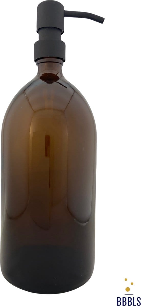BBBLS® Design Dispenser "Blanco" | Bruin Glas | 1 liter | RVS / Metaal Pomp Zwart | Zeeppomp | Zeepdispenser | Zeephouder