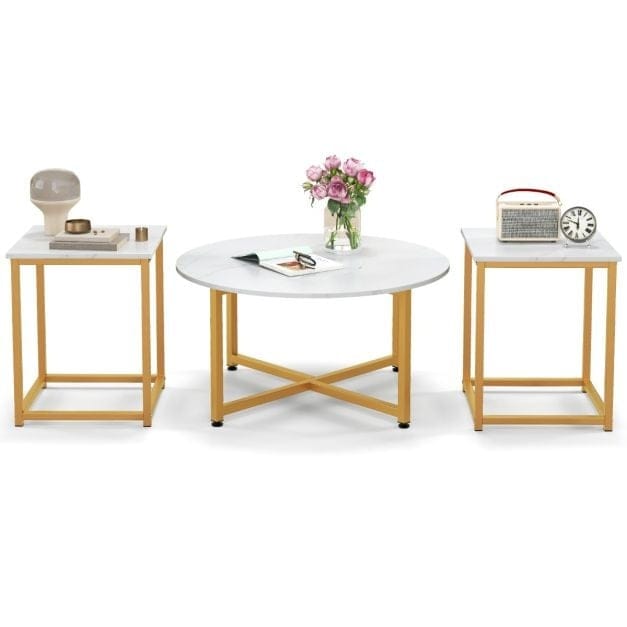 Coast 3-Delige Salontafelset - Wit/Goud - Rond 80x42cm - Vierkant 40x40x50cm