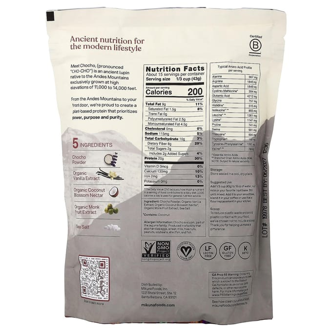 MIKUNA, Plantaardig Eiwitpoeder Chocho, Vanillesmaak, 645g (1,42 pond)