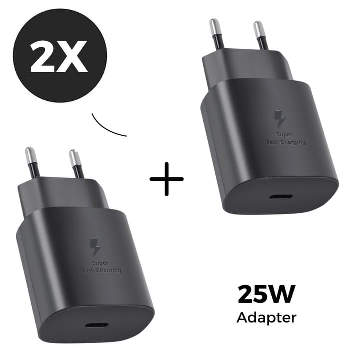 25W Adapter - 2x USB C snellader - USB C adapter DuoPack - geschikt voor Samsung en Apple iPhone - zwart - WiseQ