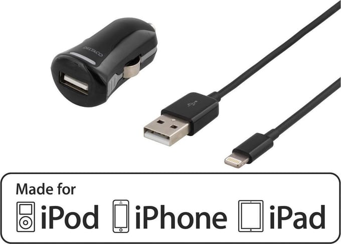 DELTACO USB-CAR203 Autolader Lightning aansluiting, MFi, 1m kabel, zwart