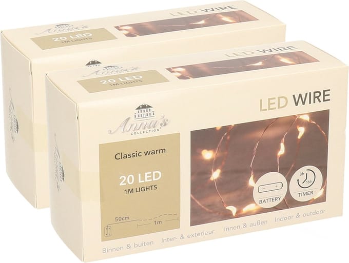 Anna's Collection Draadverlichting lichtsnoer - 2x - koper - 20 led lampjes - 100 cm - kerstverlichting