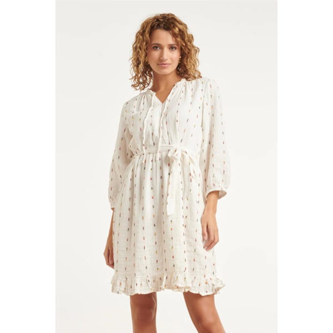 Smashed Lemon Witte jurk met subtiele multicolor details en ceintuur |