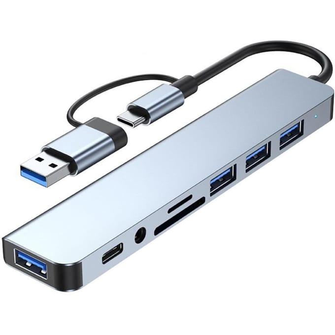 8-IN-2 USB A & USB C Hub Type-C Dockingstation Multipoortadapter USB 3.0 Snelle gegevensoverdracht SD TF zilvergrijze kleur