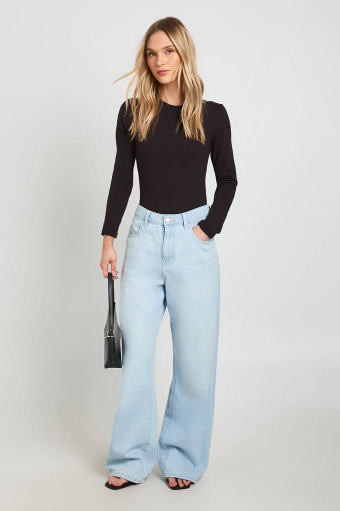 boohoo Dames Petite Basic Lange Mouw Ronde Hals Body | Zwart | Maat: 44