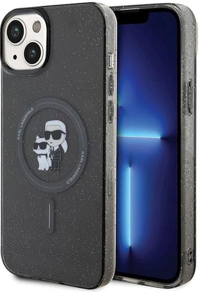 IPHONE 15 KARL LAGERFELD IML GLITTER KARL & CHOUPETTE MAGSAFE CASE - BLACK