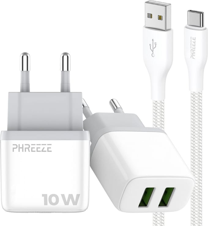Phreeze 12w usb adapter - Usb naar usb C kabel 1 meter - 5v 2a power adapter met 2 poorten voor usb C smartphone tablet ereader controller - Oplader