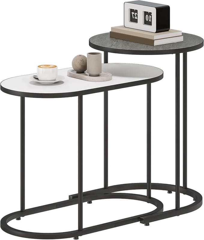 Salontafel Set - Bijzettafels Stapelbaar - Ruimte Besparen - Uittrekbaar Ontwerp - 2 Tafels - Grijs Wit