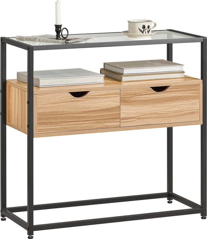 Mara Consoletafel - Sidetable - Bijzettafel - MDF - Glas - Bruin - Zwart - 81 x 35 x 78 cm