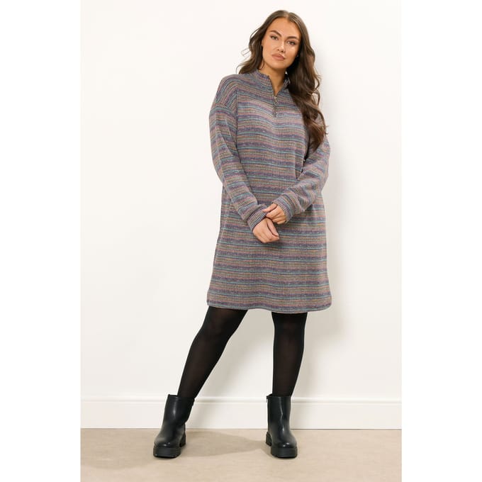 Yours Blauwe Geribbelde Kwart Rits Jumper Jurk Size 48
