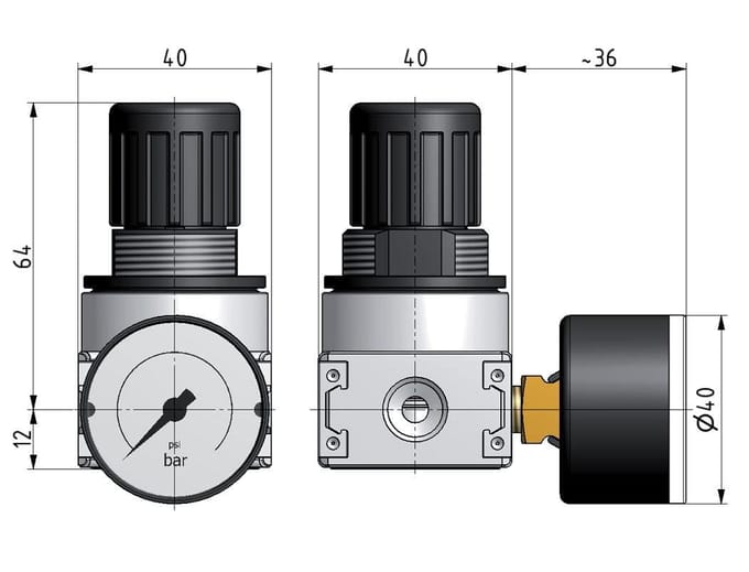 Drukregelaar G1/4'' 700l/min 0.2-6.0bar/3-87psi 40 mm Manometer Multifix 0