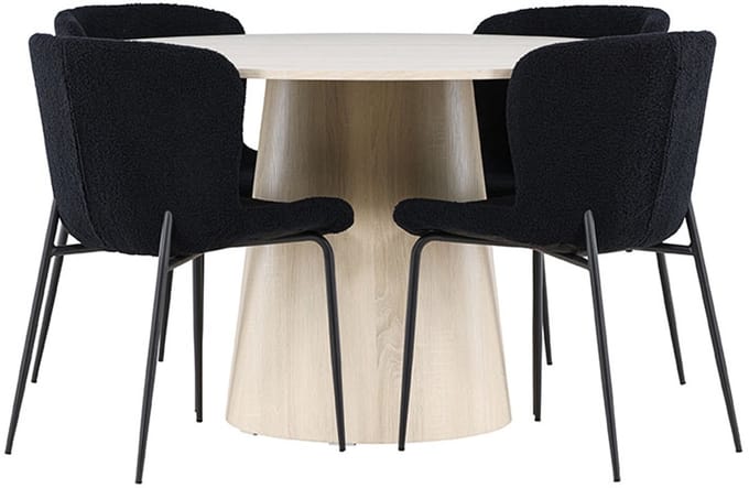 Lanzo eethoek tafel Ø120cm en 4 teddy stoelen whitewash.