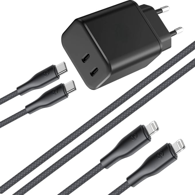Dual 45w Snellader - 1 Meter - Oplader geschikt voor iPhone / iPad / Apple Lightning - Usb C adapter - Usb C oplader 2 poorten