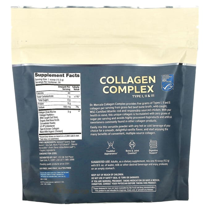 Dr. Mercola, Collageen Complex Types l, ll, lll, vanille, 5 g elk, 309 g (10.89 oz)
