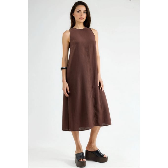 Linnenlook Mouwloze Crew Neck Midi Jurk