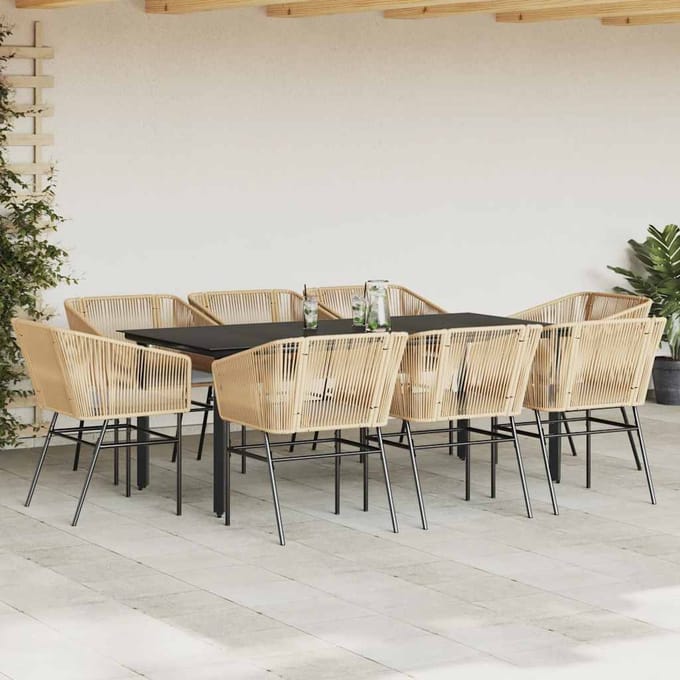 vidaXL - 9-delige - Tuinset - met - kussens - poly - rattan - glas - bruin
