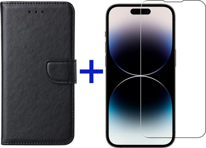 iPhone 14 Pro hoesje bookcase met pasjeshouder + screenprotector voor iPhone 14 Pro - Zwart