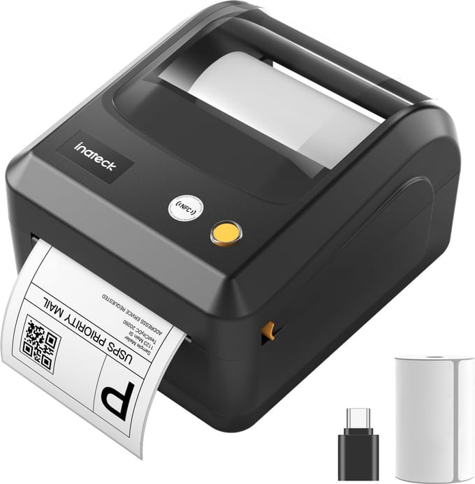 Inateck PR50 Bluetooth labelprinter mini printer Etikettprinter Etiket printer, 4x6 Thermische Verzendlabelprinter, compatibel met iOS, Android, Windows, Labelprinter voor Barcodes, DHL, FedEx, UPS enz., met Labels, Zwart