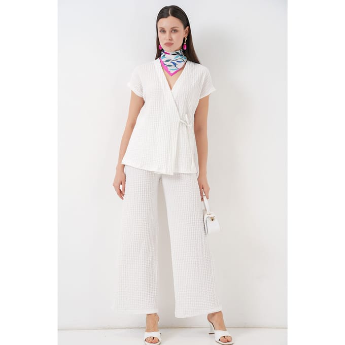 Gestructureerde V-hals Met Strikdetail Twee-delig Co-ord Set