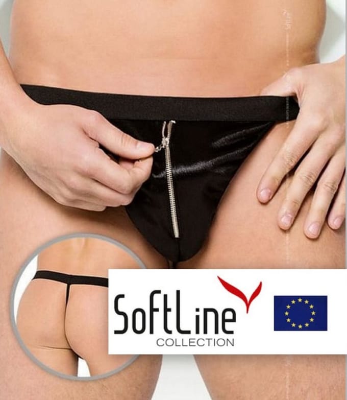 SoftLine Collection - Sexy heren string met sluiting aan de voorkant - zwarte satijn S t/m L