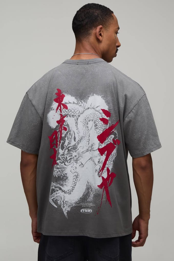 Oversized T-shirt Met Drakenprint En Spray Wash | Charcoal | Size Medium