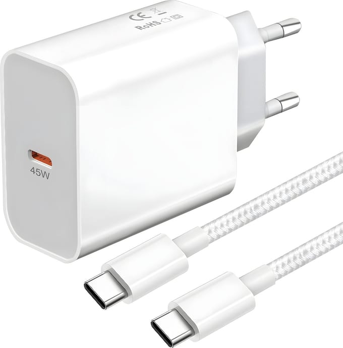 45w usb-C Power Adapter + usb-C naar usb-C Oplader - Usb C Kabel Stevig Nylon - 45w oplader - Usb Adapter voor Super Fast Charging - 45 W usb C Power Adapter - 1 Meter