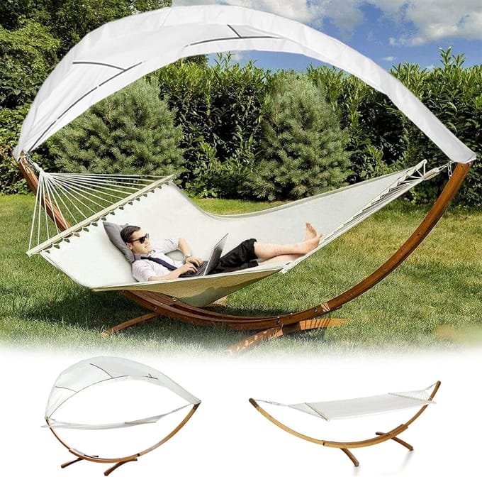 Hangmat met frame - Buitenbed - Tuin Ontspanning - Inclusief zonnedak - 200 x 150 cm - Wit