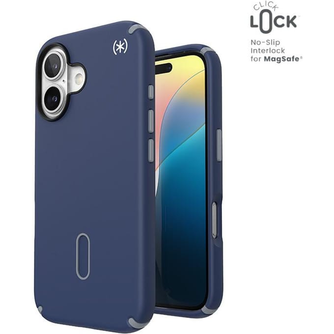 Speck Presidio2 Pro Clicklock & Magsafe - Coque iPhone 16 (Bleu Côte / Gris Poussière / Blanc)