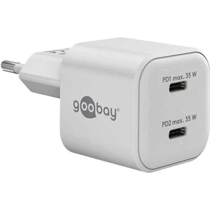Goobay Nano GaN-snellader 35 W wit met 2 USB-C-poorten Power Delivery, laadt 2 apparaten tegelijk, supercompact