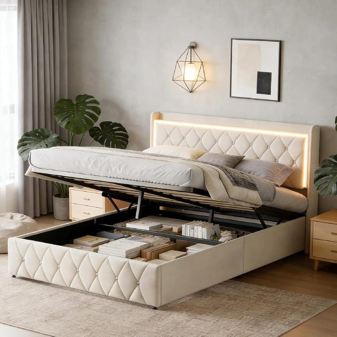 Gestoffeerd Bed - Opbergbed - Slaapkamer Inrichten - Geïntegreerde LED en USB - 140x200 cm - Beige