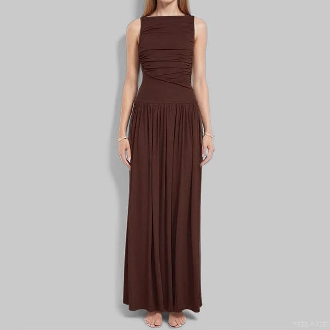 Dames Lentejurk, Modieus Temperament, Elegante Effen Kleur, Slanke Geplooide Geplooide Jurk L