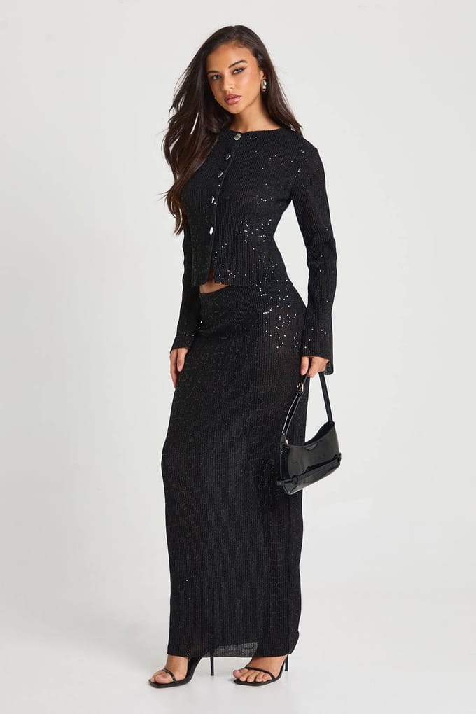 boohoo Dames Pailletten Ribkolom Maxirok | Black | Maat: 6