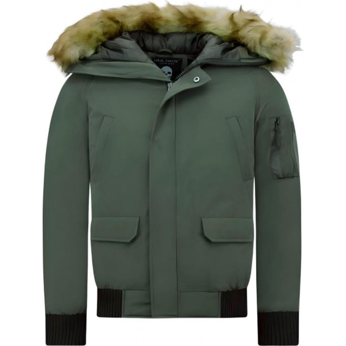 Winterjas Heren - Gewatteerde Jassen - Korte Heren Winterjas - Met Faux Bontkraag - 8821 - Groen