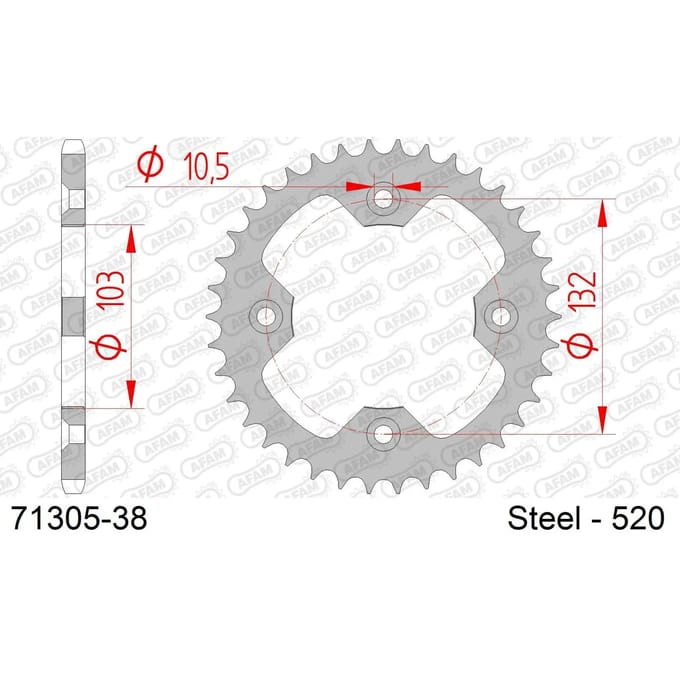 Stalen motortandwiel achteraan Afam 520 38 dents