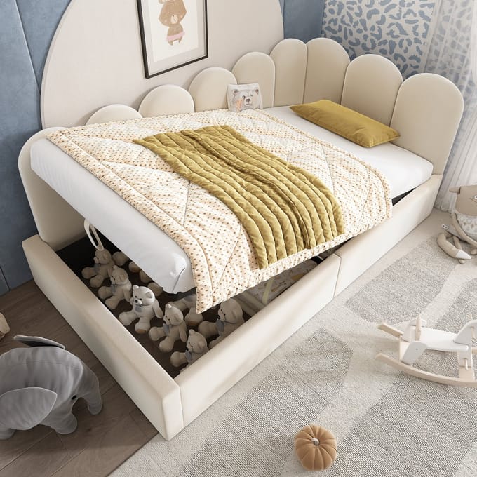 REDOM Gestoffeerd daybed 90x190 cm – Met hydraulische opbergruimte – Fluweel – Beige
