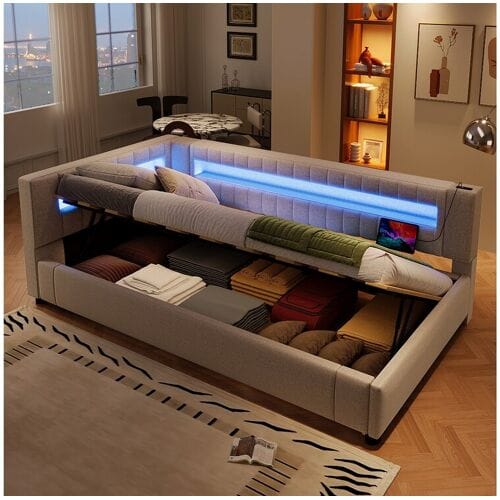 Merax Gestoffeerd opbergbed - 90 x 200 cm - met LED's + USB + Type-C + hydraulische opbergruimte - linnen + MDF - beige